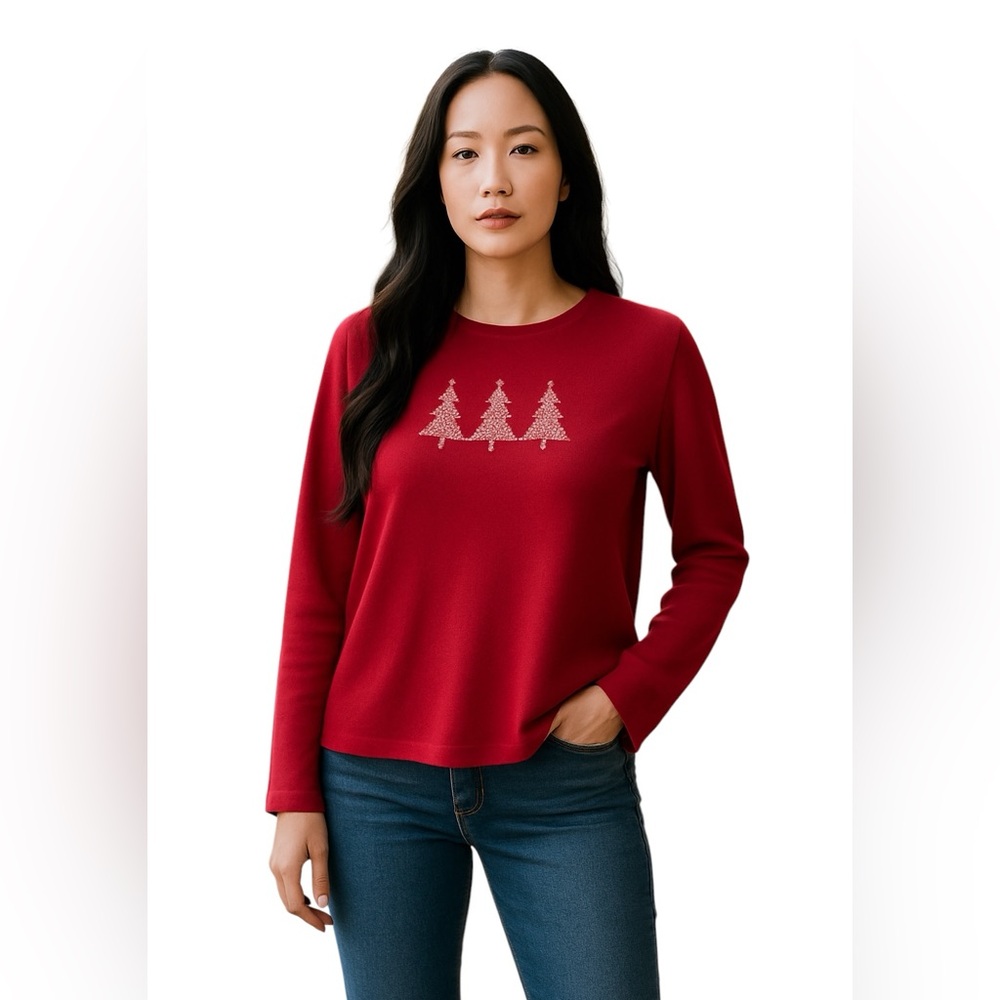 FIELD GEAR LONG SLEEVED EMBELLISHED CHRISTMAS TREE TEE Size XL Red Silver
